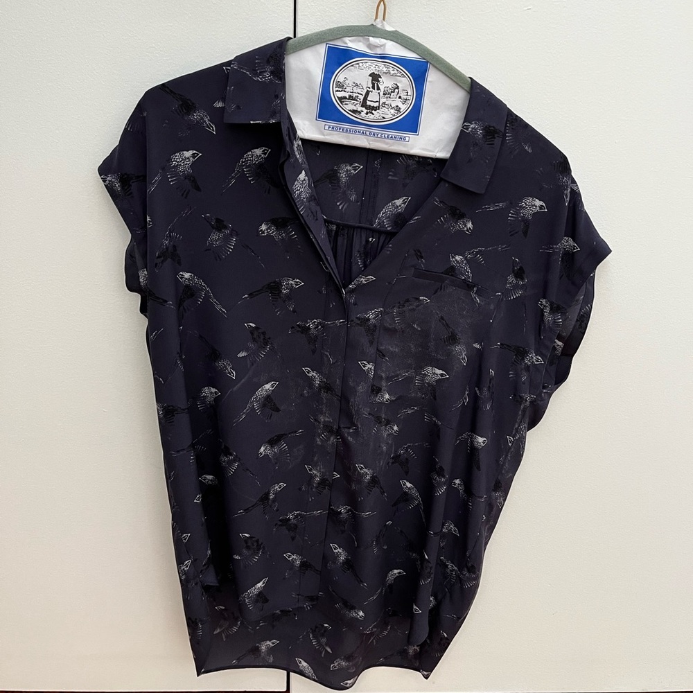 Rebecca Taylor Silk Size 2 Navy Bird Pattern Blouse